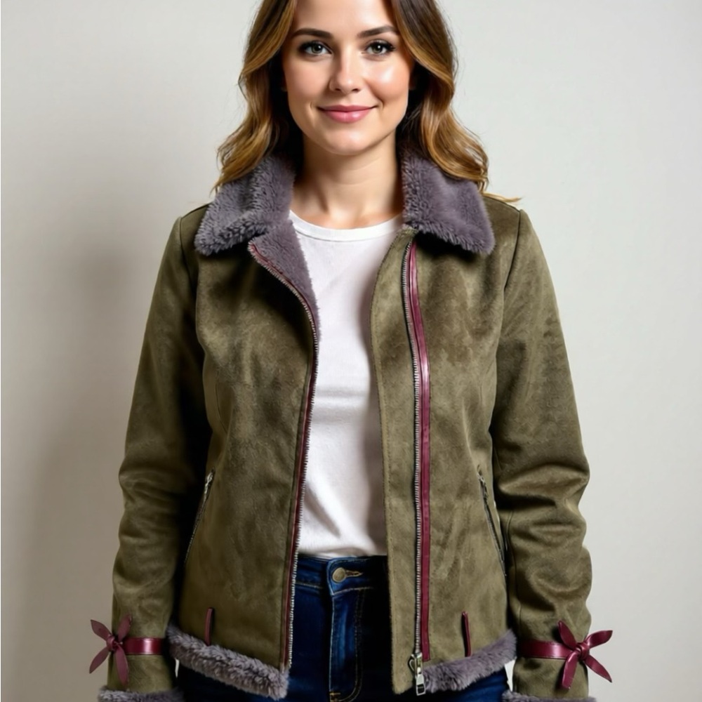 Olive Green Women's Jacket with Purple Accents
